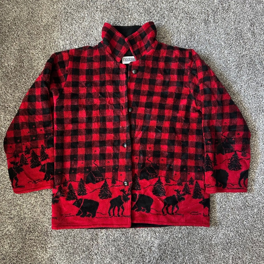 Country Wood Fleece Jacket Red Black Buffalo Plaid Bear Moose Large